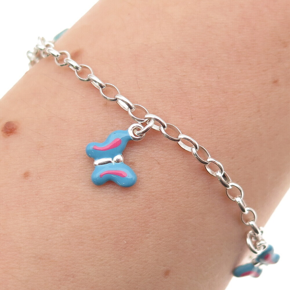 925 Sterling Silver Enamel Butterfly Dangle Charm Oval Link Bracelet 6"